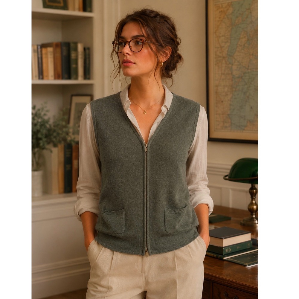 Foxcroft Olive Green Zip Front Sweater Vest Wool Blend  Army Green Dark Academia